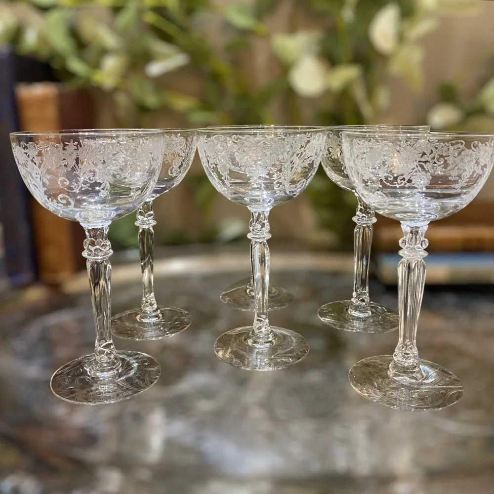 40’s Fostoria Buttercup Set 6 Vintage Cocktail Liquor Stem Goblets Elegant Glass